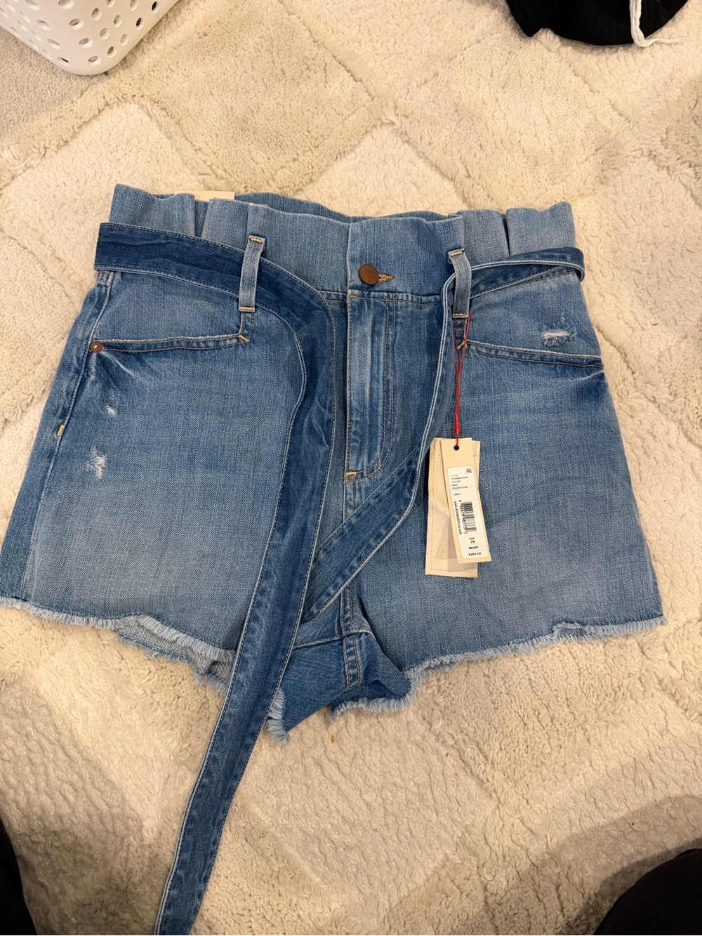 Alice + Olivia Light Blue Denim Paperbag Waist Shorts with Self-Tie Belt